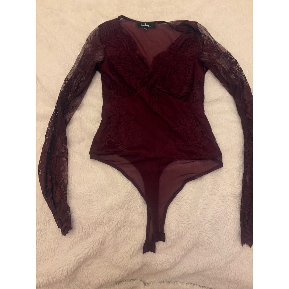 Office siren boho lace Lulus Burgundy Lace Long Sleeve Bodysuit XS Wine Red